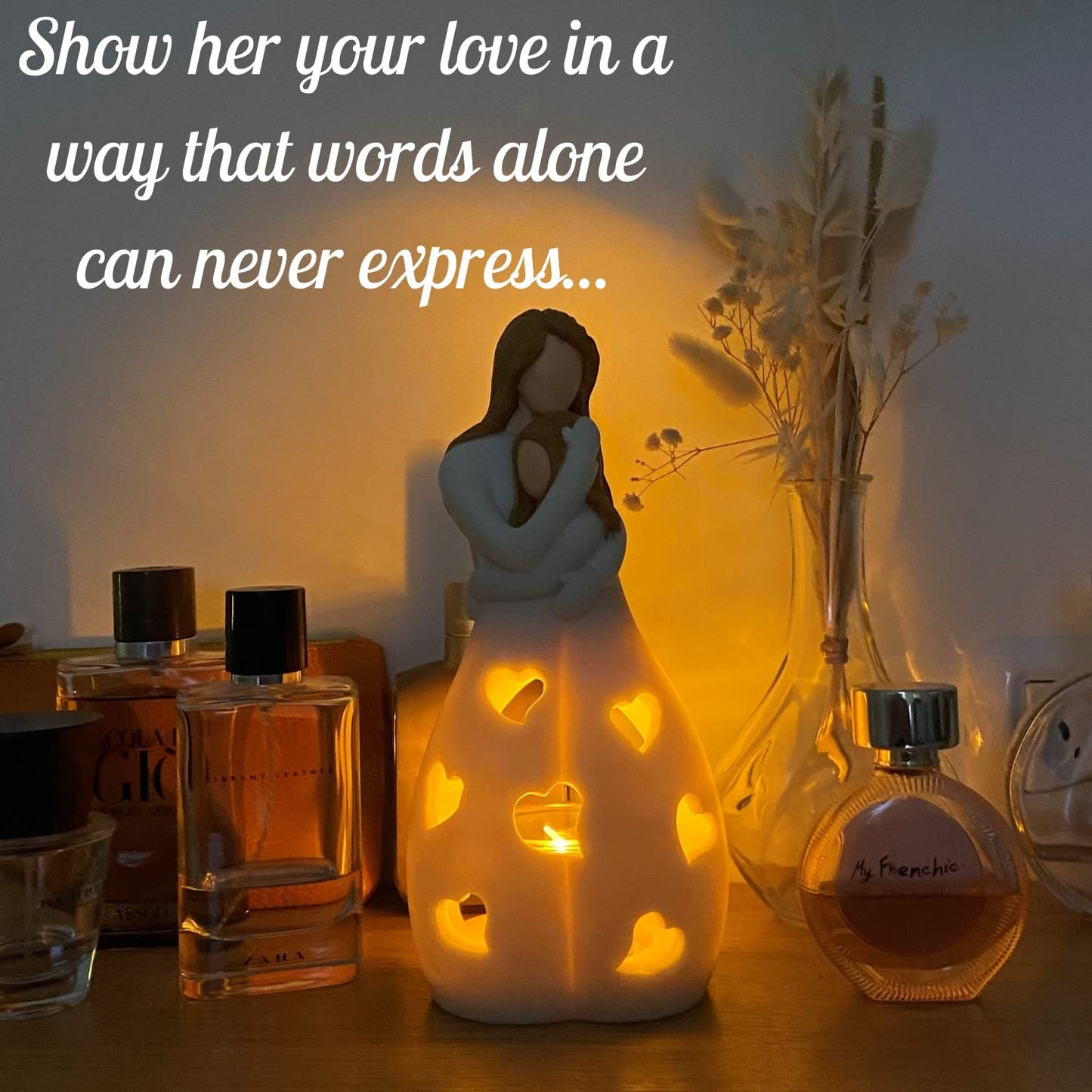 Gifts for Mom from Daughter – Mothers Day Candleholder Statue with Flickering LED Light | Birthday Gift for Mom | Unique Present with Greeting Card | Seasonal Home Décor (Light Brown)