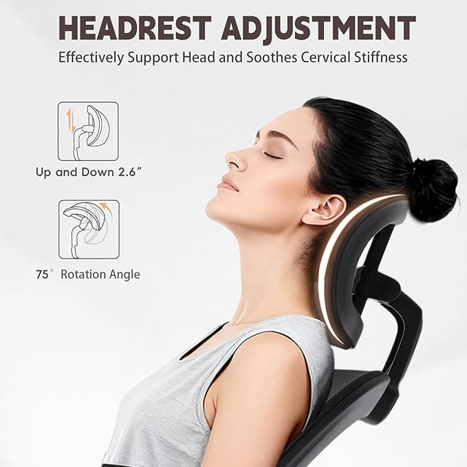 Rishtivin Ergonomic Office Chair with 3D Adjustable Lumbar Support, Mesh High Back, 75° Rotating Headrest, Rocking Function, 300lbs Capacity, Black/White (Black)