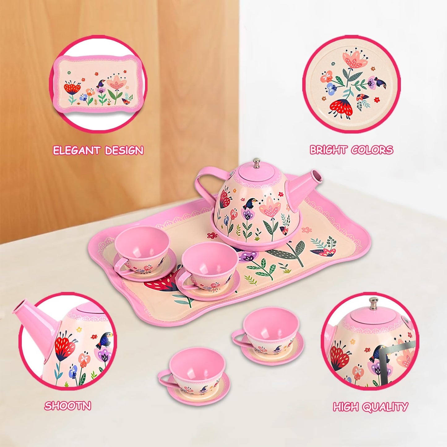 Fairy Toona Floral Tea Party Set for Little Girls Ages 3-6, 15-Piece Pretend Play Kitchen Toys with Teapot, Cups, Plates & Storage Case, Princess Gift Set (Pink)
