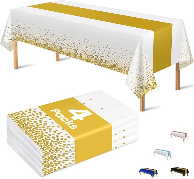OHOME 4 Pack Disposable Plastic Table Cloths for Parties,White and Gold Rectangle Table Covers for Fall Decor Wedding Brid...