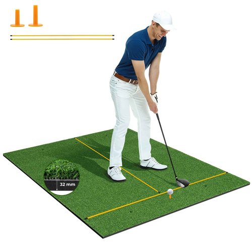 GYMAX Golf Mat, Artificial Turf Golf Hitting Mat w/ 2 Alignment Sticks & 2 Rubber Tees, Thick Golf Practice Mat Training Aid for Backyard, Golf Chipping Swing Mat for Indoor/Outdoor (5 x 3 ft, 32 mm)
