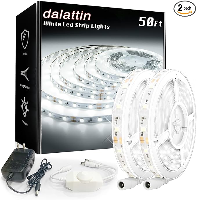 dalattin White LED Strip Lights 50ft Dimmable Bright 24V Led Light Strip 6500K Daylight White 900 LEDs Lights for Bedroom,...