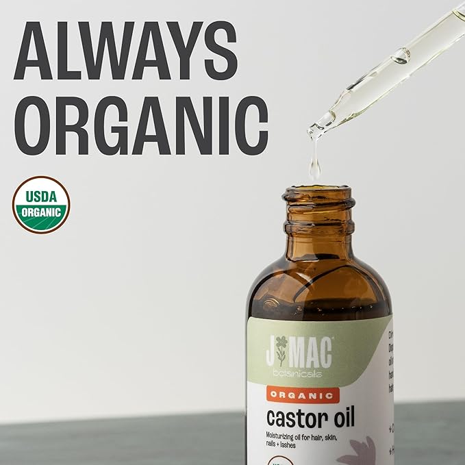 J MAC BOTANICALS Organic Castor Oil, 100% Pure (2oz Glass Bottle with dropper) - For Eyelashes, Eyebrows, Hair & Skin