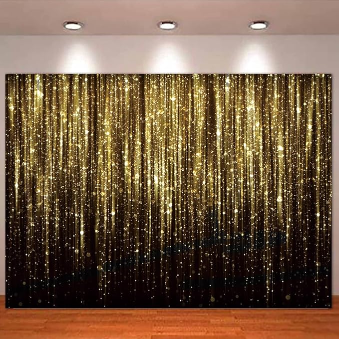 Generic 7x5FT Black Gold Bokeh Glitter Photo Backdrop Golden Streamer Flash Kids Birthday Party Banner Photography Backgro...
