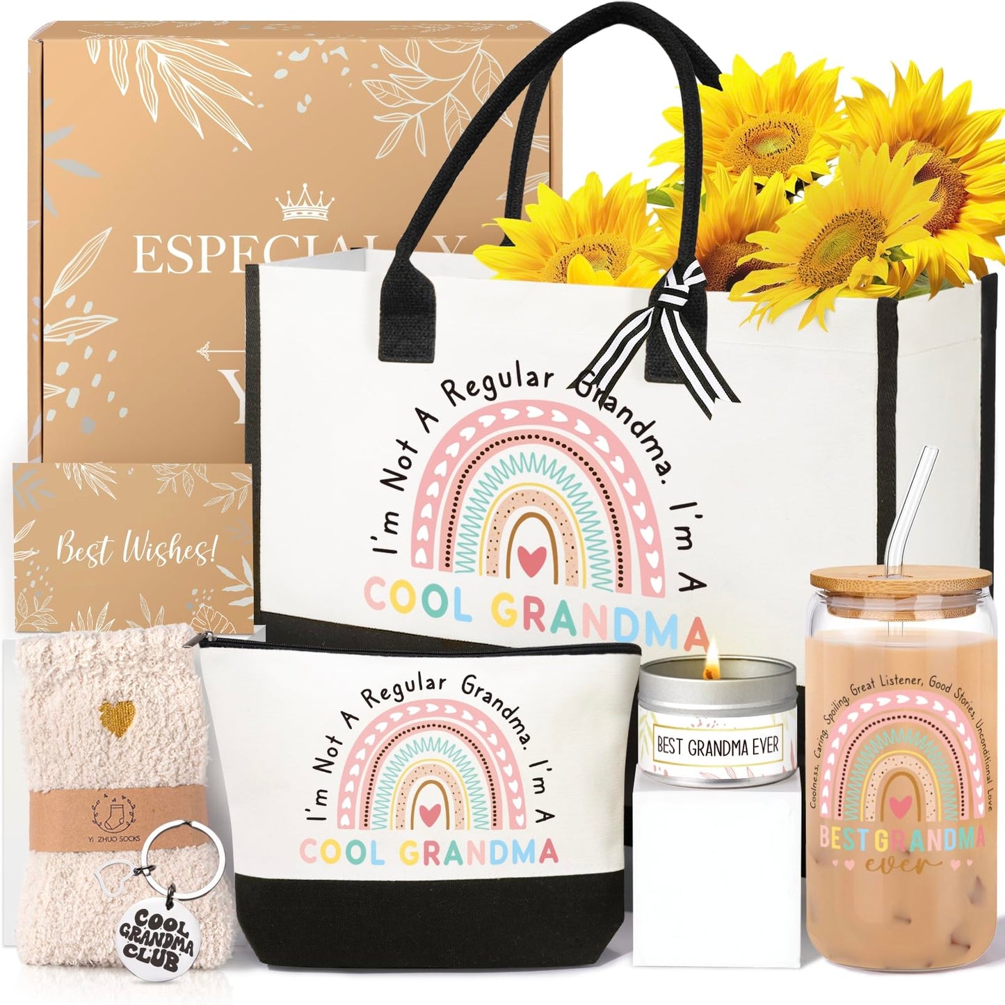iAOVUEBY Grandma Gifts for Women Birthday Mothers Day Gifts Set from Granddaughter Grandson Grandchildren, Canvas Tote Bag Gift Basket Thanksgiving Ideas Gift for Grandmother