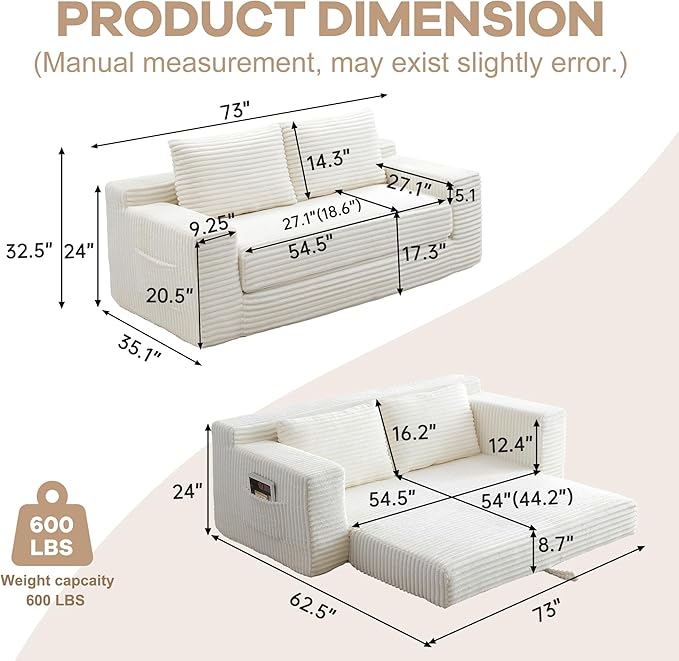 73" Convertible Sofa Bed, 2 in 1 Folding Couch Bed, Boneless Couch in a Box, Cloud Loveseat Sleeper, Fold Out Comfy Floor Futon Sofa with 2 Pillows for Living Room Bedroom, No Assembly (Beige, 73")