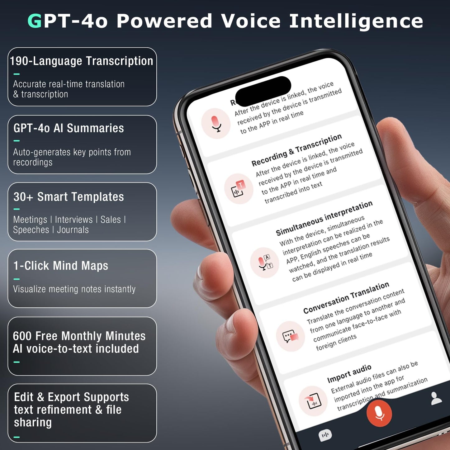 ZEOUPT AI Voice Recorder, Audio Activated Recorder with Playback, App Control, Transcribe & Summarize with AI Technology, 190 Languages, 64GB Memory, Suitable for Lectures, Learning, Meetings, Calls