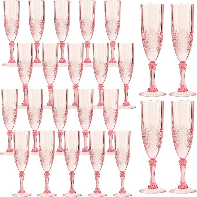 24PCS Plastic Champagne Flutes,7.1Oz Acrylic Pink Wine Glasses Goblets Reusable Drinking Champagne Glasses for Wedding ,Sh...