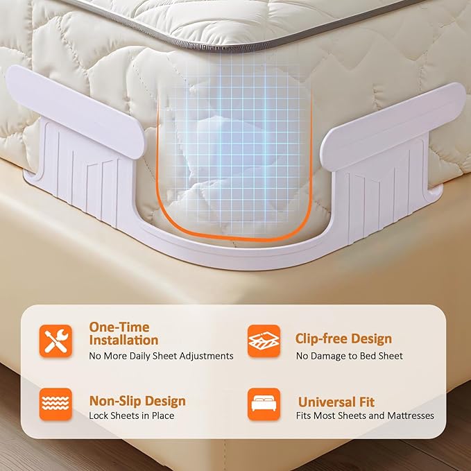 Bed Sheet Holders for Corners: 4Pcs Fitted Sheet Holder with Locks, Sheet Clips Fits Mattress, Upgrade Sheet Holders Keep Sheets Firm & Tight, Heavy Duty Sheet Fasteners- White