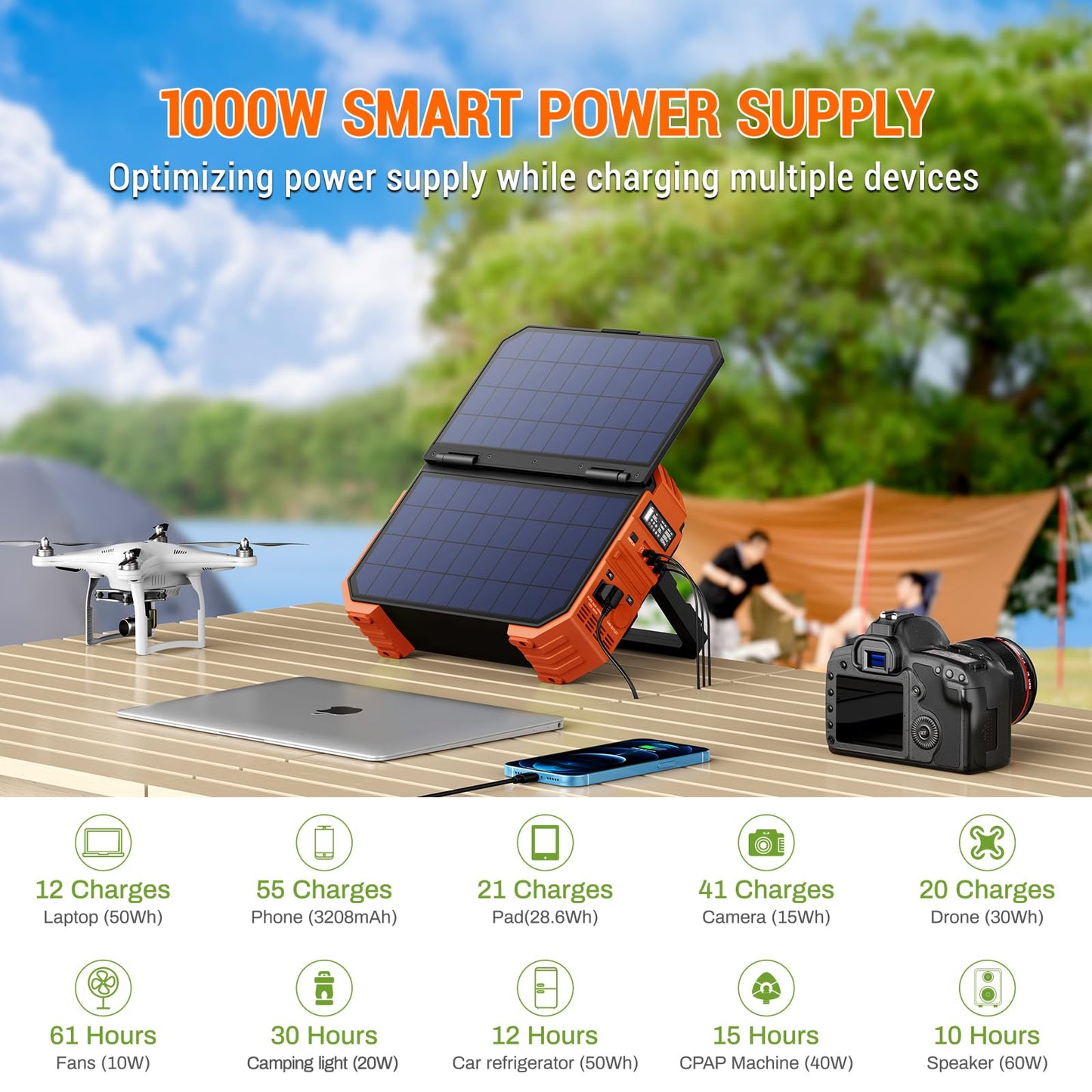 BROWEY 1000W Portable Power Station - 614WH Solar Generator with Built-in Panel, AC/DC/USB Outputs, Orange, Model DS-S1000