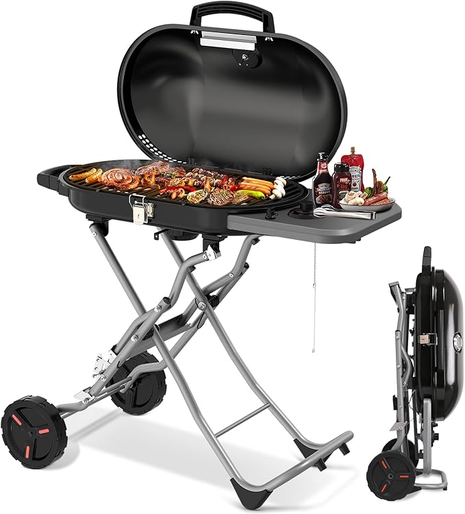 Havato Portable Propane Gas Grill,15,000 BTU BBQ Grill with Top Cover Lid, 406 sq.in. Grilling Areas, 2 Wheels, Built-in T...