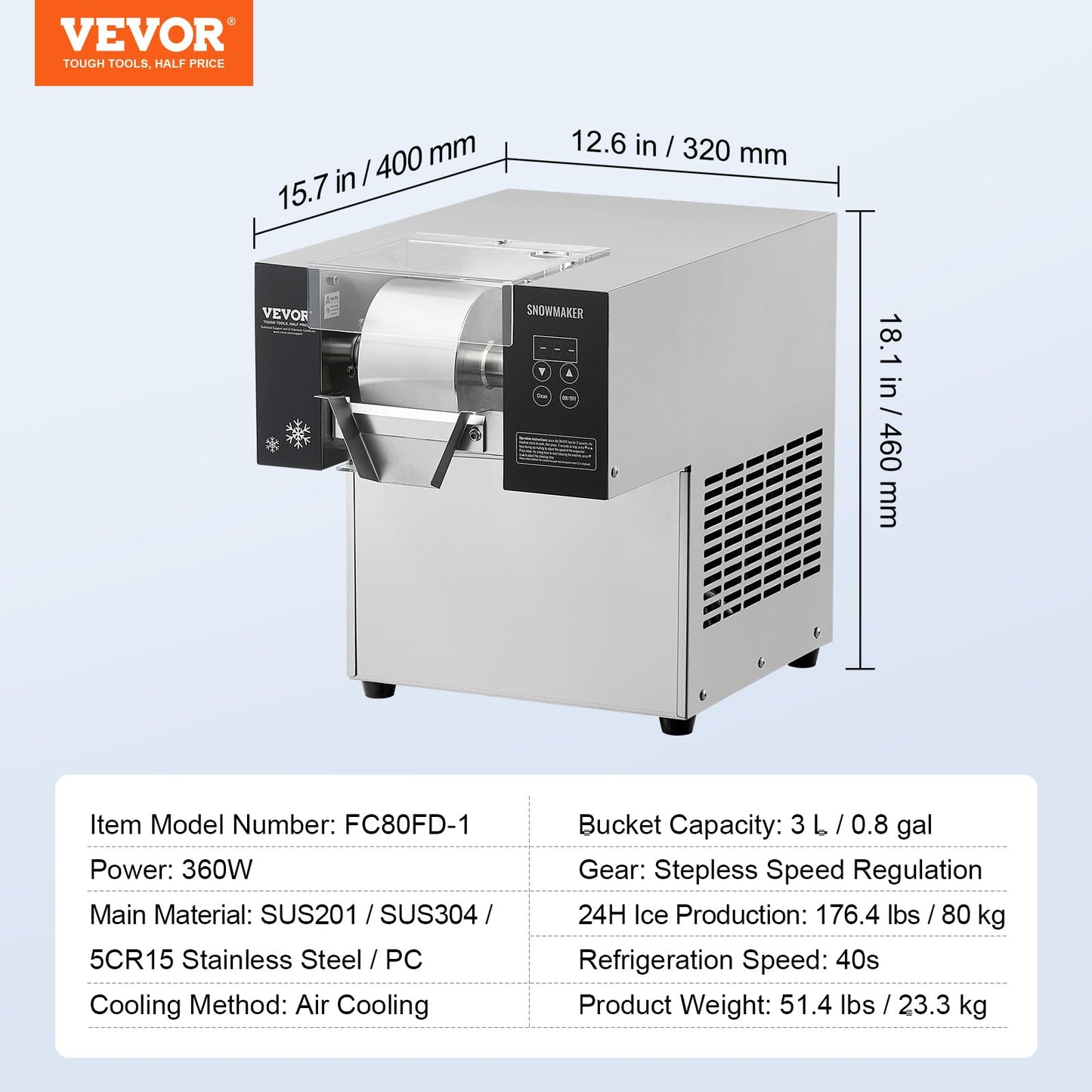 VEVOR Commercial Snowflake Ice Machine, 176.4LBS/24H Snowflake Ice Maker, Stainless Steel Ice Shaver Machine, Electric Snow Cone Maker, Air Cooling System for Rapid Heat Dissipation, for Bakery, Café