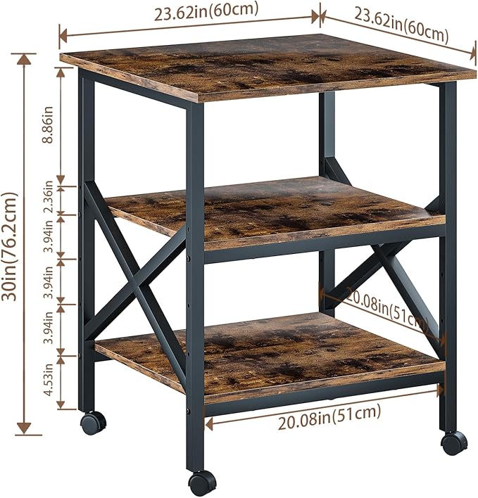 MILEFA Large 23.6 x 23.6 Inches Printer Stand with 3 Tiers, Height Adjustable Storage Shelf, Rolling Printer Cart with Industrial Wheels - Rustic Brown Home Office Printer Table