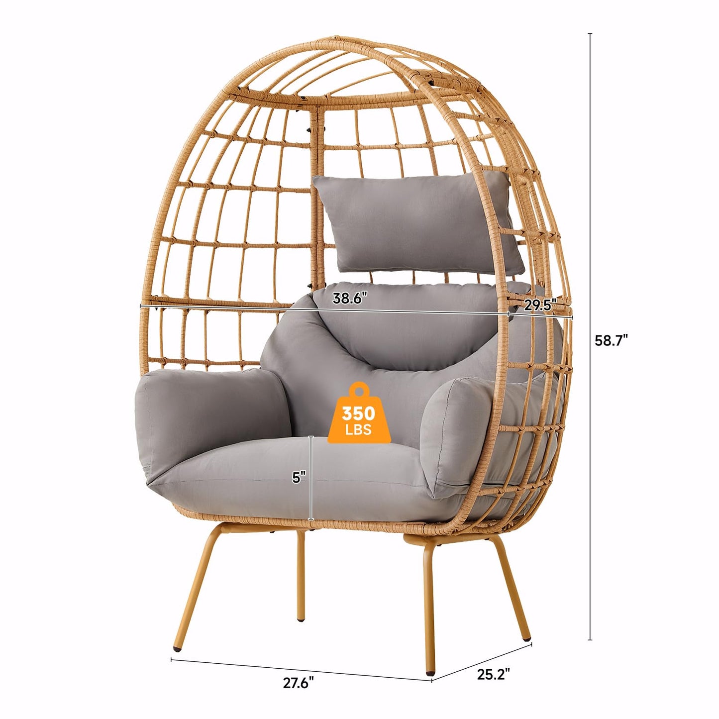 ONBRILL Oversized Egg Chair, Indoor Outdoor Egg Rattan Chair with PE Rattan, Steel Frame and Detachable Cushions, Wicker Lounger for Patio, Pool, Living Room, Bedroom - Grey