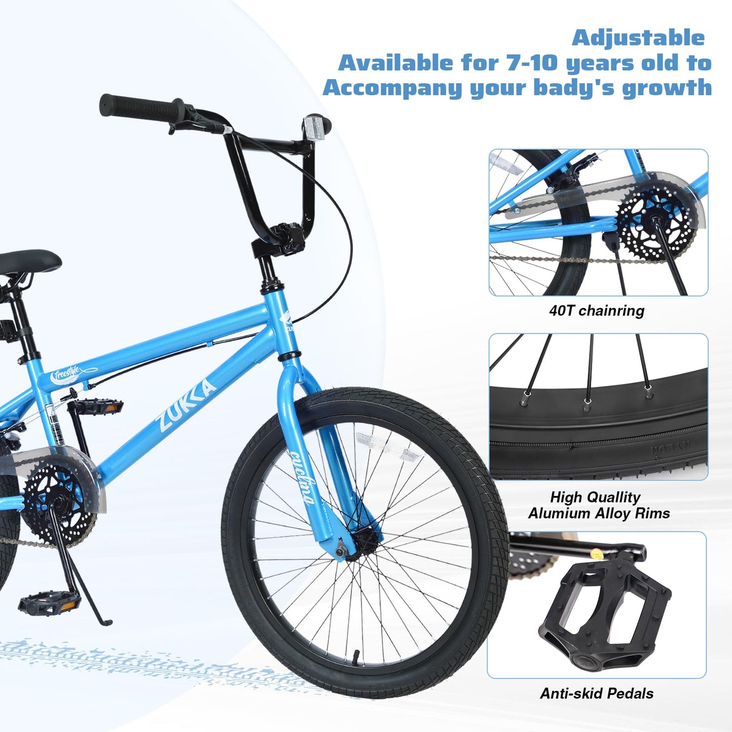 GRELiving 20" Kids Freestyle BMX Bike – High-Carbon Steel Frame, Lightweight & Durable Bicycle for Boys & Girls (Ages 7-10), Multiple Colors (Blue/White)