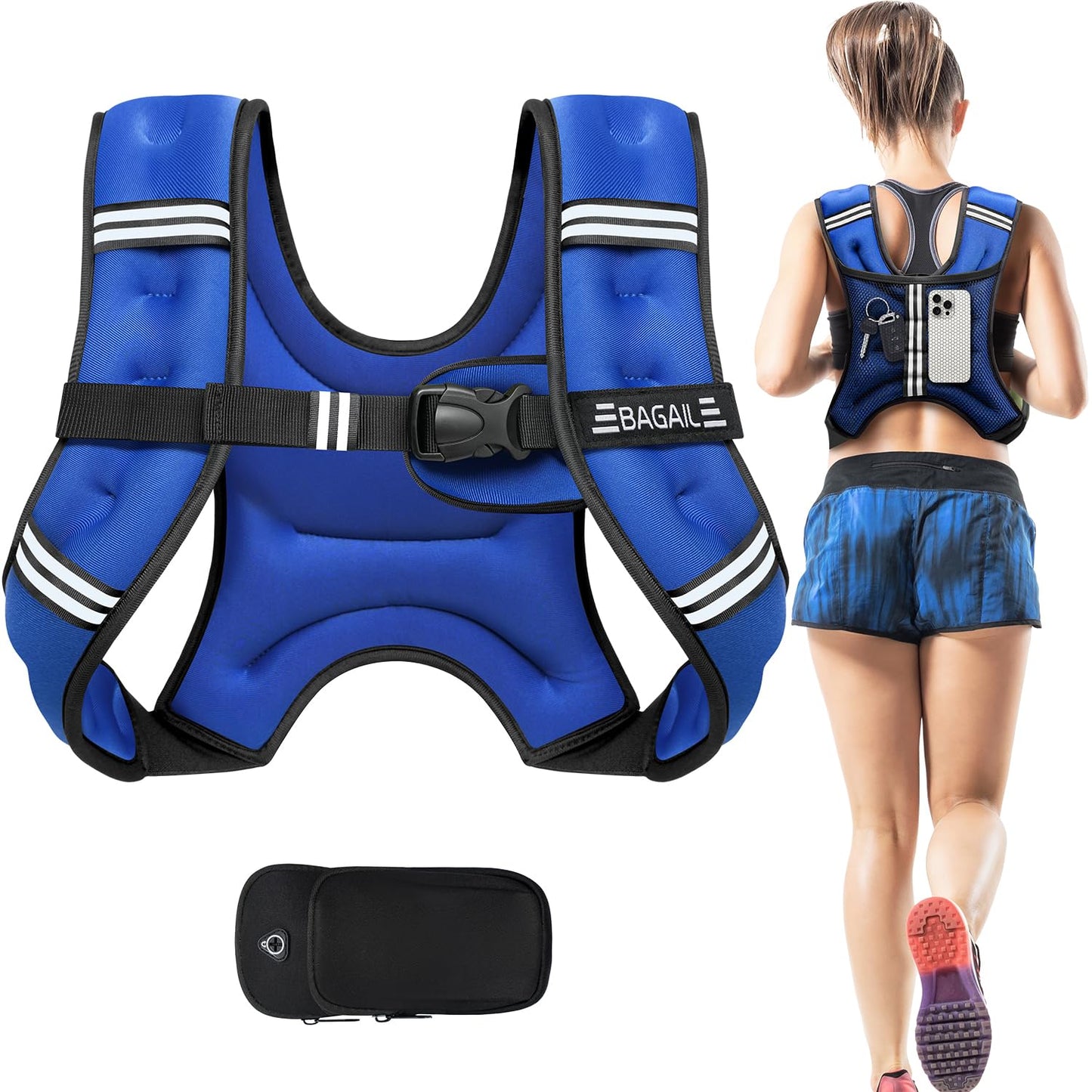BAGAIL Weighted Vest, 5lb/8lb/10lb/12lb/15lb/20lb/25lb/30lb Weight Vest for Walking & Weight Loss, Reflective Rucking Vest with Phone Pouch for Women & Men, Home Gym & Outdoor Training