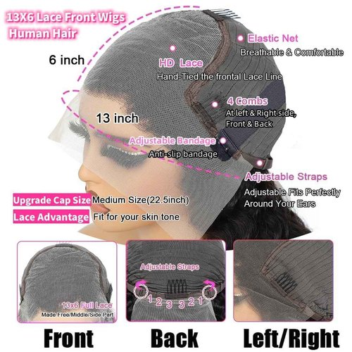 JTMMP 13x6 Deep Wave Lace Front Wigs Human Hair 200% Density 26 Inch Curly Human Hair Wig for Women Natural Black HD Transparent Lace Glueless Frontal Wigs Human Hair Pre Plucked