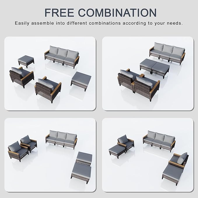 7 Pieces Patio Conversation Set, Wicker Rattan Sectional Modular Sofa Seating Set with Armchairs and Ottomans, Outdoor Furniture for Porch, Poolside, Deck, Balcony, Backyard, Yard (Gray Cushions)