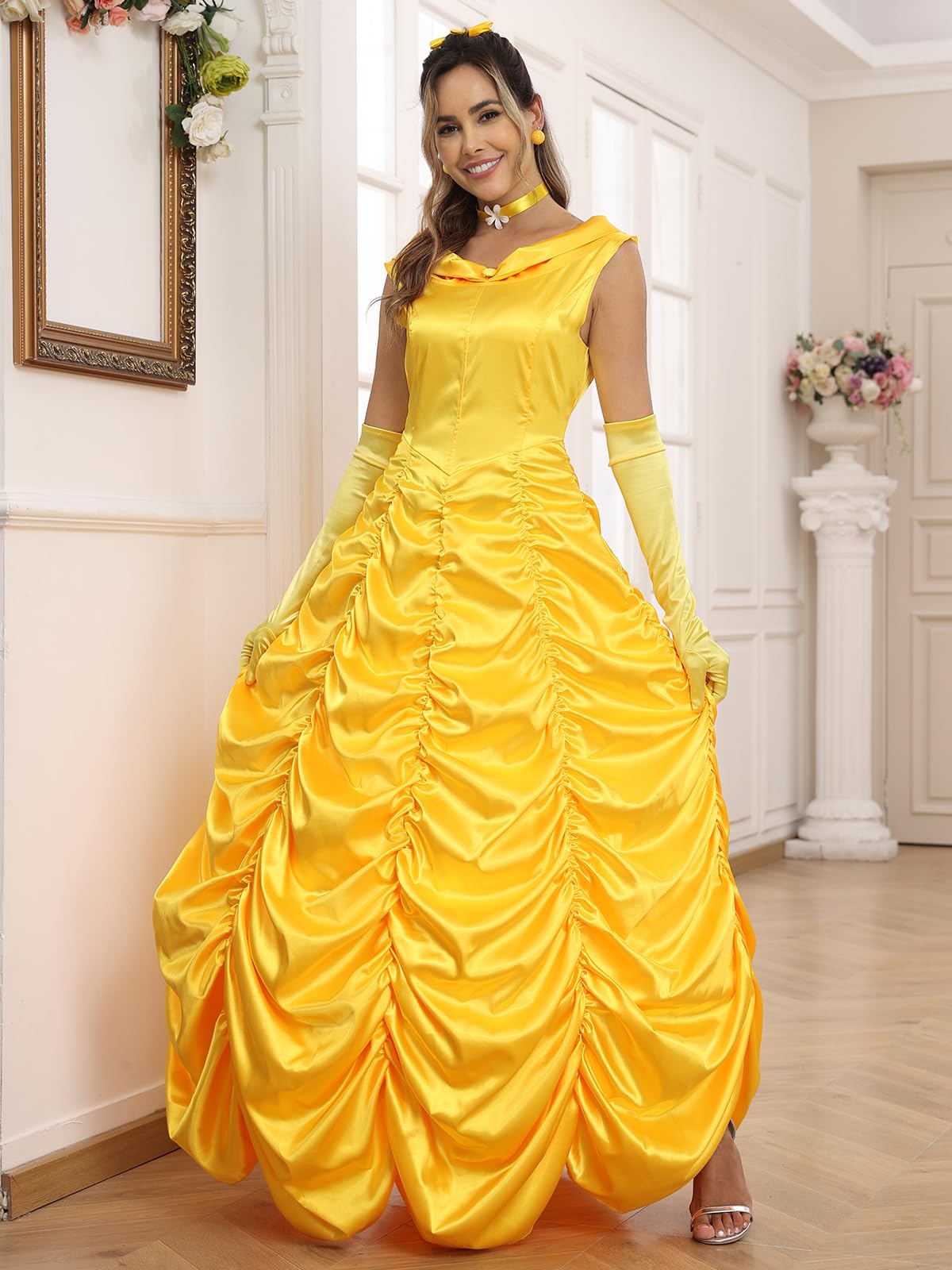 Poboola Belle Costume Women Adult Princess Costumes Halloween Cosplay Party Yellow Dress Long Dress Gown Beauty Outfit L