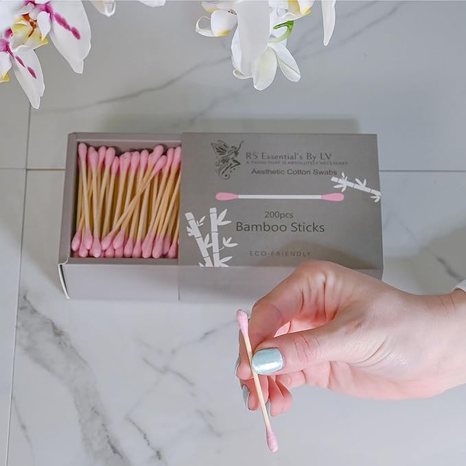 RS ESSENTIAL'S BY LV: Aesthetic Cotton Swabs Sticks Ear Swabs Bamboo swabs 200 Count Cotton Buds In 5 Colorful Colors (Pink)