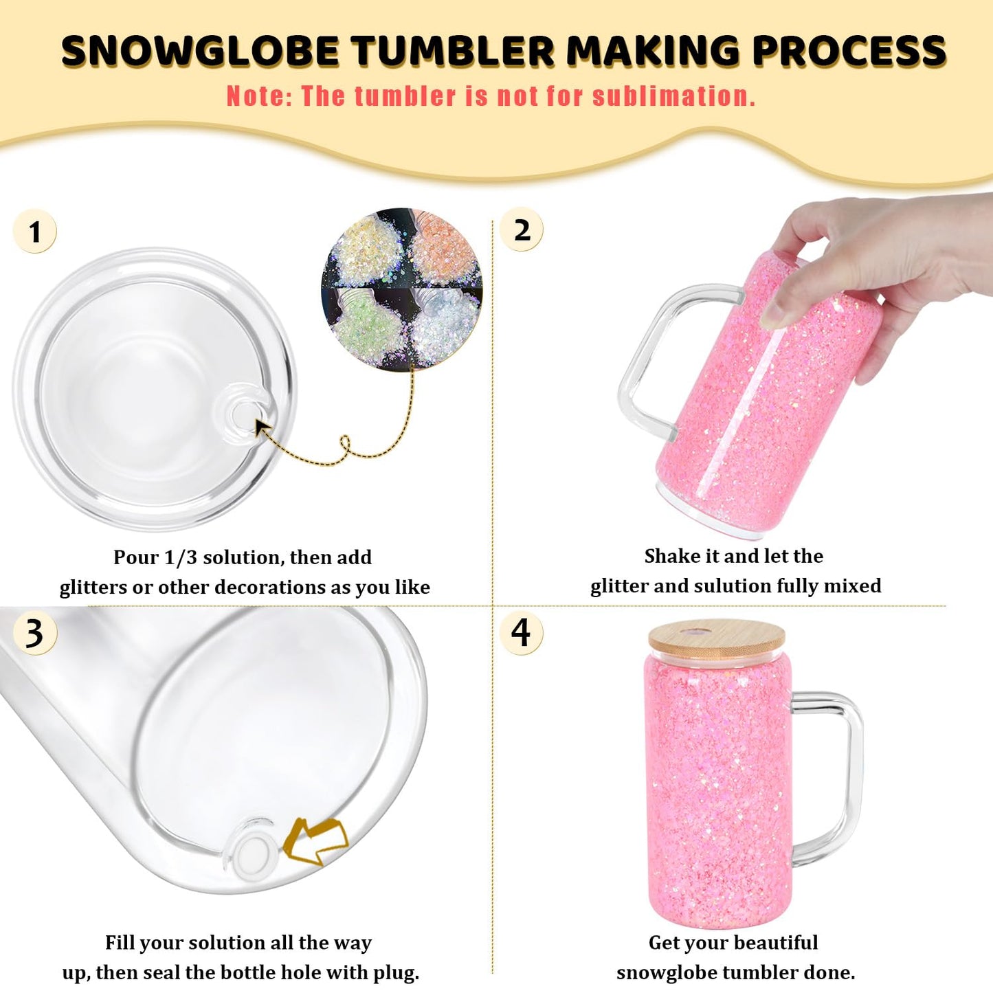 Maucircol 16 Oz Snow Globe Tumbler With Handle, Pre-Drilled Double Wall Snow Globe Glass Cup For Glitter, 4 Pack