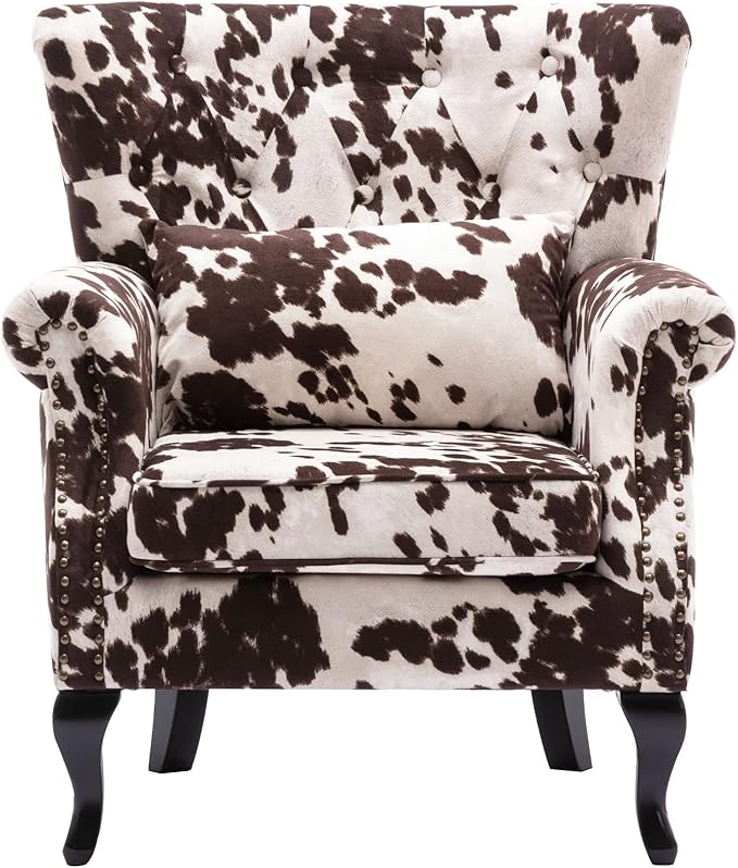 chairus Mid-Century Modern Accent Chair Comfy Tufted Single Sofa Chair Wingback Armchair with Pillow for Club, Living Room, Bedroom - Velvet, Cow
