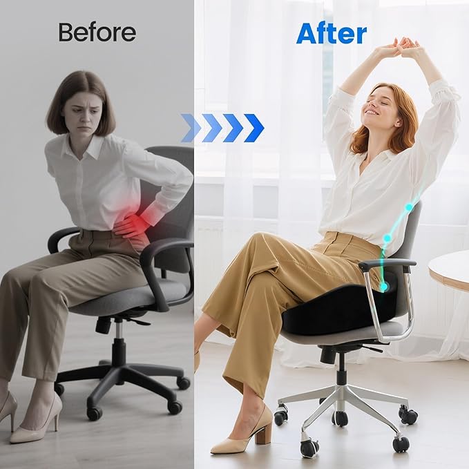 SofterCharm Seat Cushion with Carry Handle, Memory Foam for Tailbone/Sciatica Easing, Chair Cushions for Cars, Desks, Office Chair Cushion with Non-Slip Design, Ideal for Post-Surgery Recovery (Black)