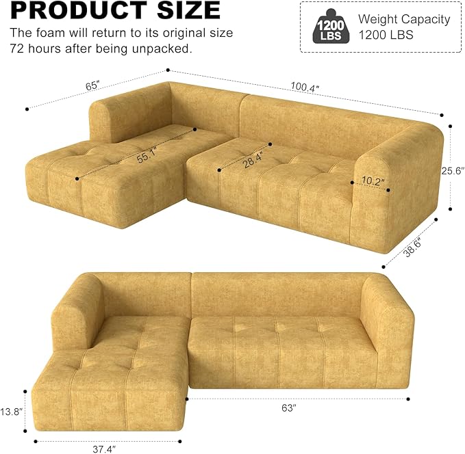 105" Modular Sectional Sofa, Boneless couch for Living Room, Cloud Sectional Couch with Deep Seat, L-Shape Sofa, Upholstered Couches for Living Room Bedroom, No Assembly Required, Yellow (Slub Fabric)