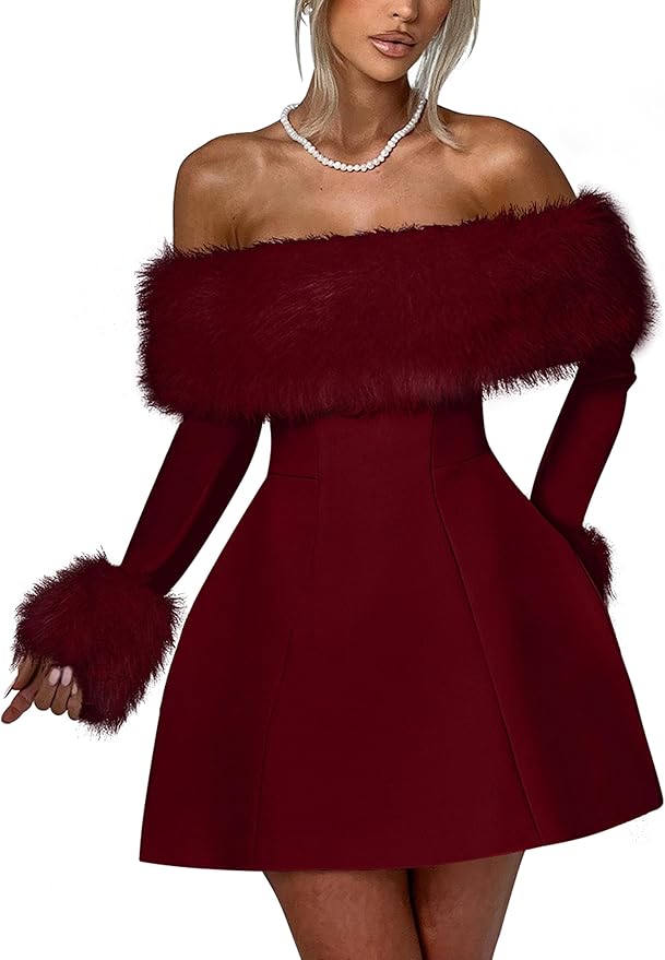 YMDUCH Women's Off Shoulder Long Sleeve Fur Trim A-Line Party Club Mini Dress