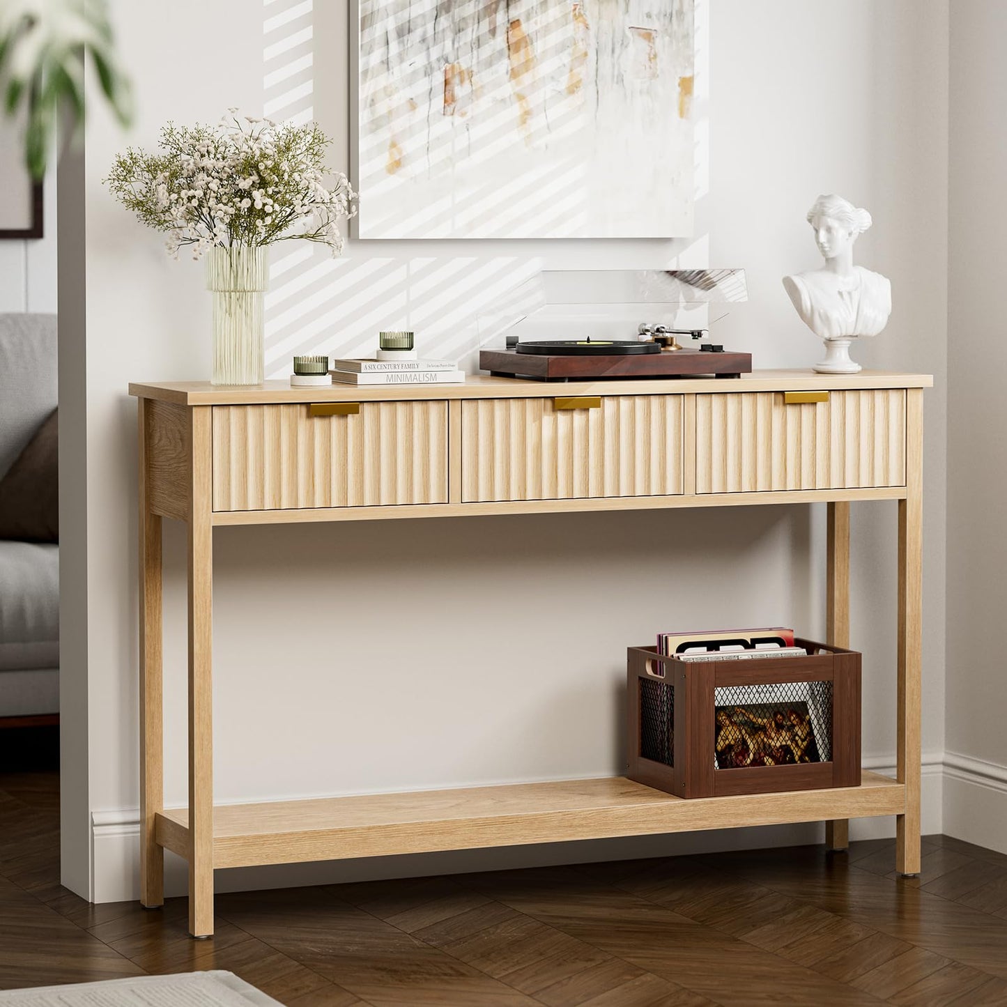 LCRBOL Console Table with Storage, Boho Entryway Table with 3 Fluted Drawers and Shelf, Sofa Table for Living Room, Entryway, Hallway, Natural