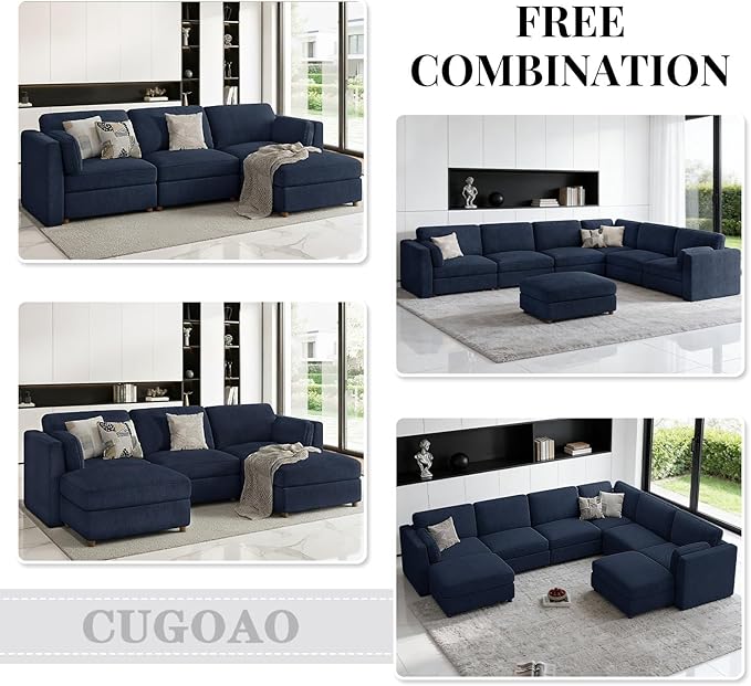 CUGOAO 118'' Modular Sectional Sofa, Oversized L-Shaped Sectional Couch with Ottoman, Deep Seat Chenille Cloud Couch, Mordern Upholstered Couches for Living Room, Apartment, Office, Blue