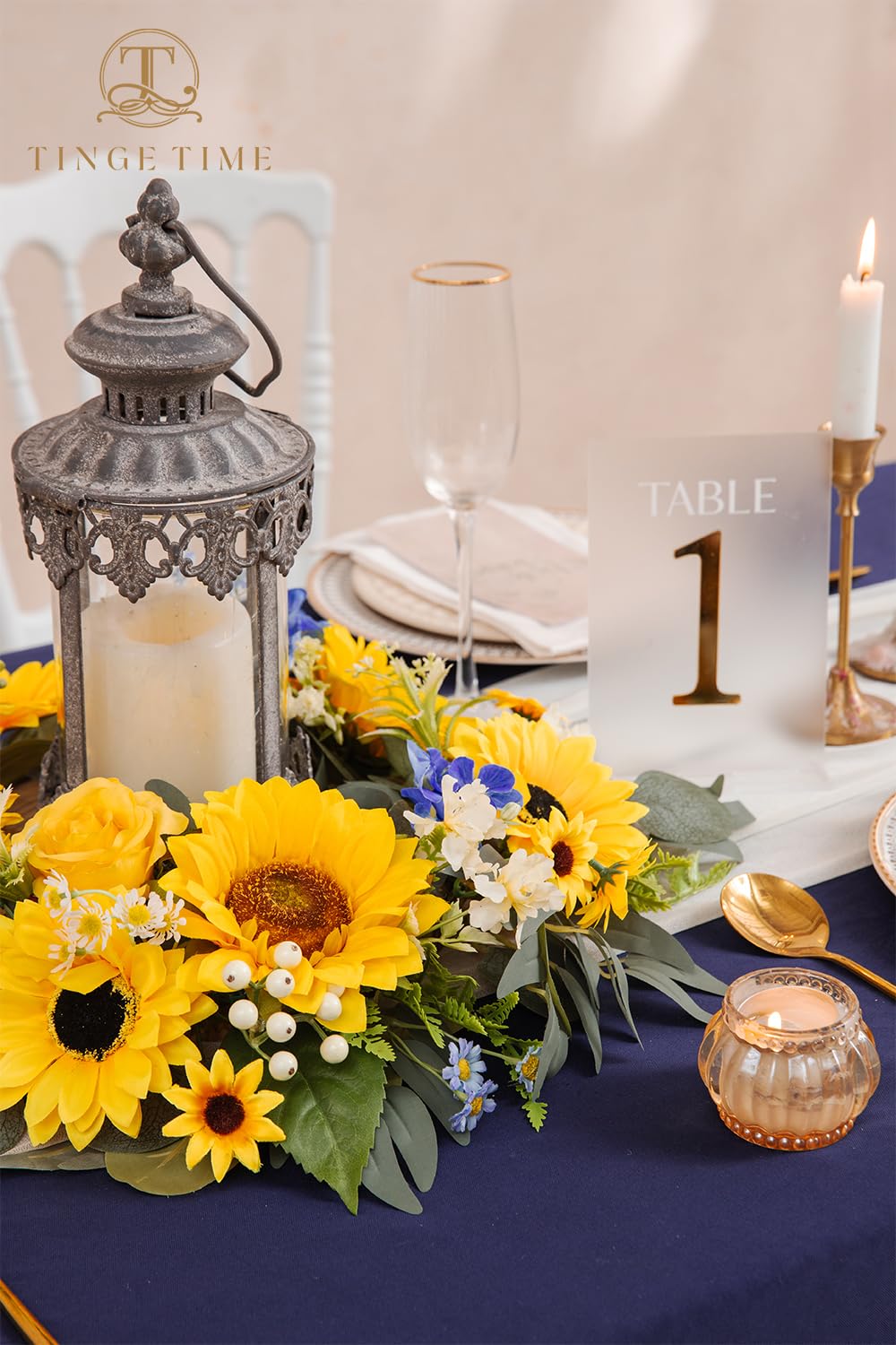TINGE TIME Aritificial Flowers Candle Rings, 1 Pcs 15inch Diam Sunflower & Royal Blue Fake Rose Wreath Wedding Centerpieces for Tables Summer Garland for Front Door Weddings Party Ceremony Decor