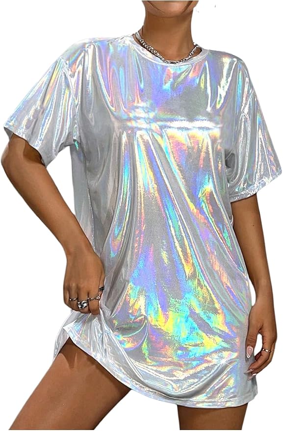 SHENHE Women's Y2k Shiny Holographic Short Sleeve Metallic Party Disco Oversized Tshirt Dress