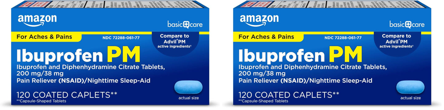Amazon Basic Care Ibuprofen PM, Ibuprofen 200 mg and Diphenhydramine Citrate 38 mg Tablets, Pain Reliever and Nighttime Sleep-Aid, 120 Count (Pack of 2)