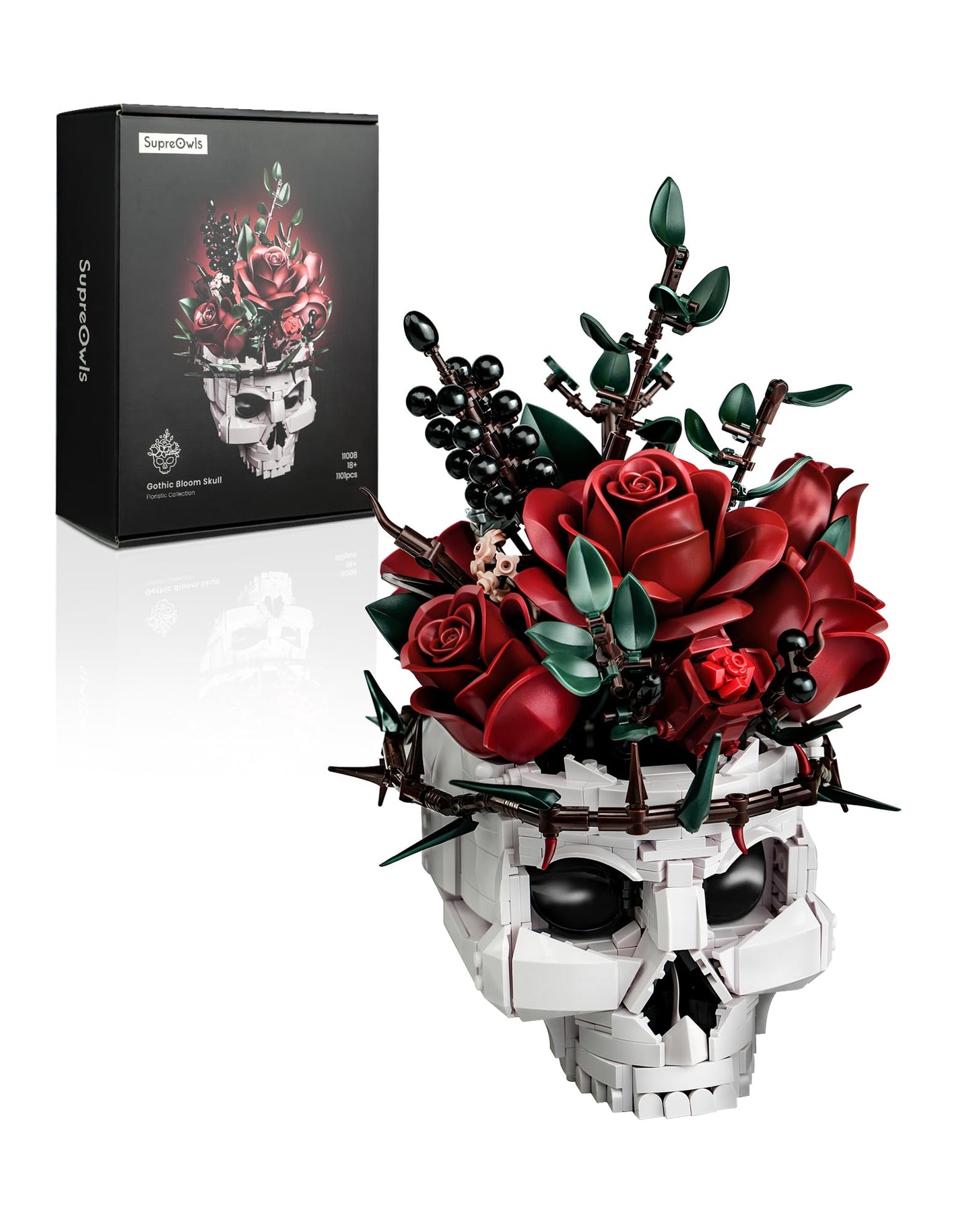 Skull Rose Bouquet Building Set, Compatible with Lego Flowers for Adult - Halloween Gothic Horror Skeleton Plant Pot Home Decor - Artificial Flower Botanical Collection Gifts, IA11008