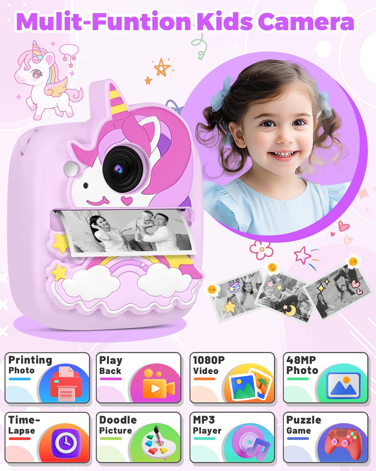 Kids Camera Instant Print, Christmas Birthday Gifts for Gils Age 3-8, 48MP &1080P Children Camera with Silicone Cover, Portable Toy Instant Camera for Kids 3 4 5 6 7 8 9 10 Year Old Girls
