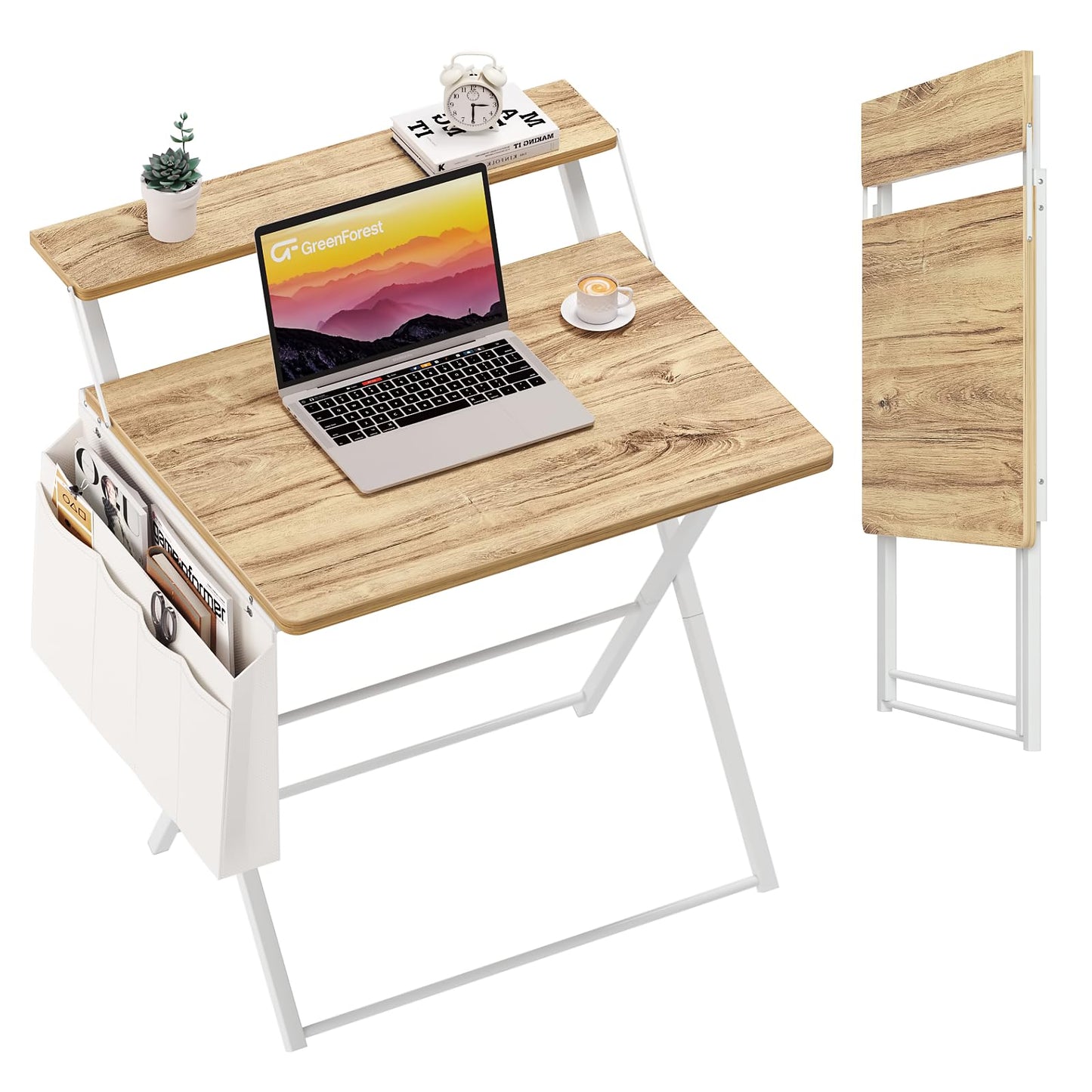 GreenForest Folding Desk for Small Spaces, 31.5 inch Foldable Table with Storage Bag, 2-Tier Portable Computer Desk with Monitor Stand for Home Bedroom, Oak