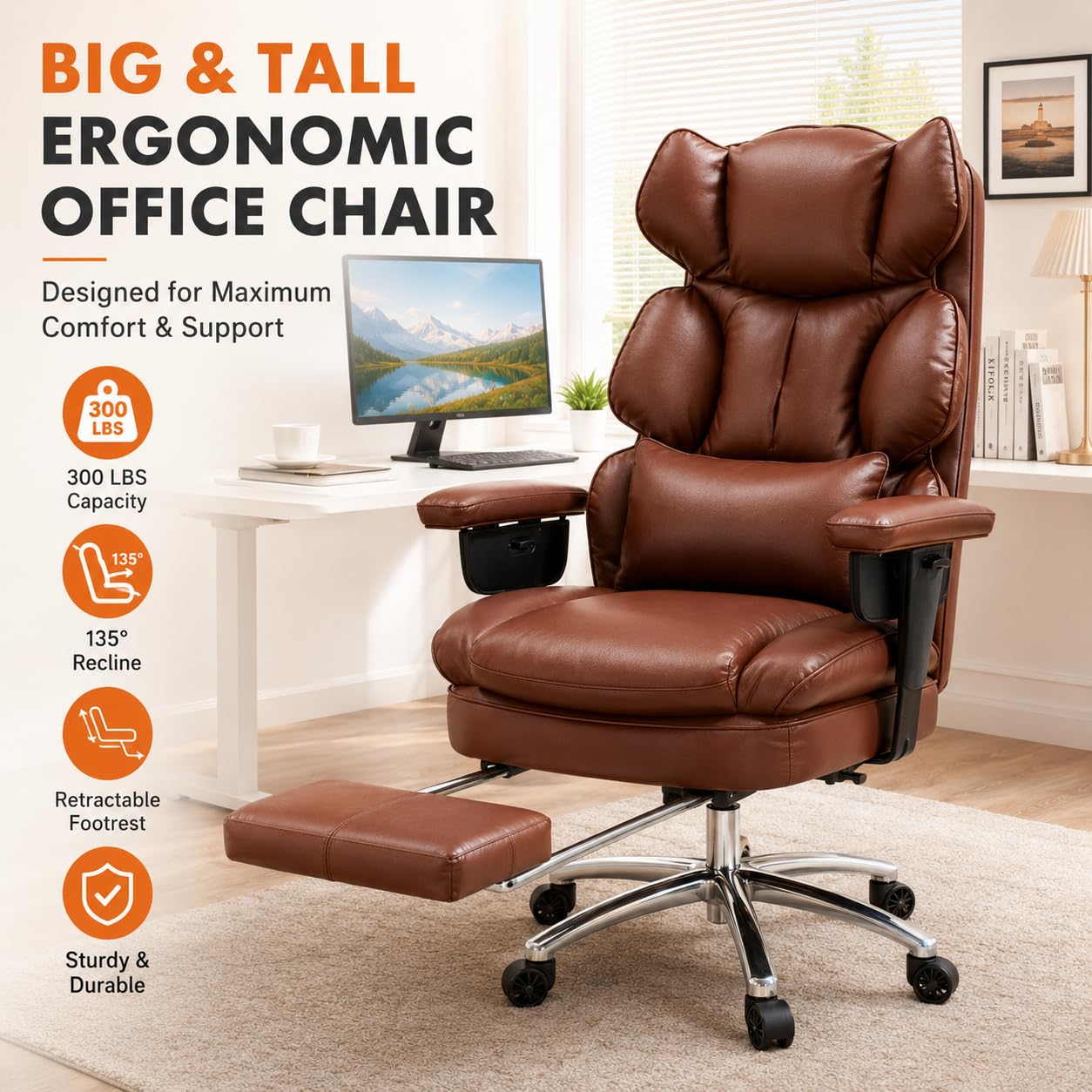 Big and Tall Ergonomic Office Chair with Footrest, Executive High Back PU Leather Desk Chair, Reclining Computer Chair with Adjustable Lumbar Support and Armrests, Swivel Rolling Gaming Chair, Brown