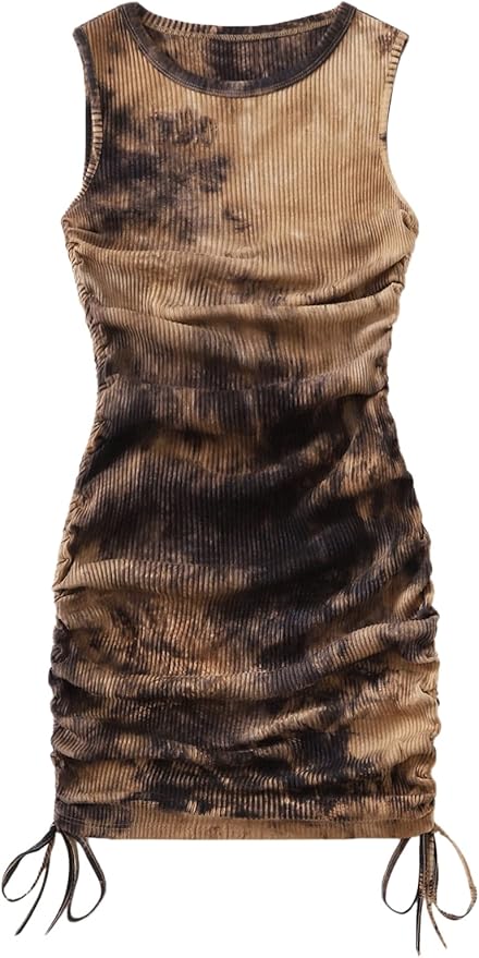 GORGLITTER Summer Dresses for Women 2025 Ruched Bodycon Dress Tie Dye Mini Dress Ribbed Knit Sleeveless Short Dresses