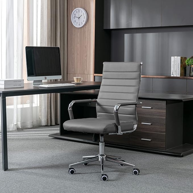 BOWTHY Home Office Chair Ribbed, Modern Leather Conference Waiting Room Chairs,Ergonomic Office Desk Chair, High Back Executive Computer Chair, Adjustable Swivel Chair with Arms (Gray)