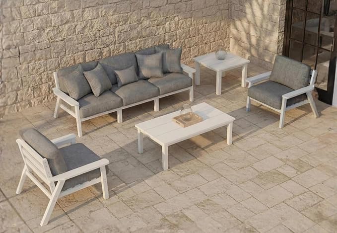 Patio Kingdom 7 Piece Patio Conversation Sets, Outdoor Couch with Washable Thick Gray Cushions, HDPE Patio Furniture Set, Outdoor Sectional Furniture for Backyard, Deck, Lawn, Porch (White Frame)