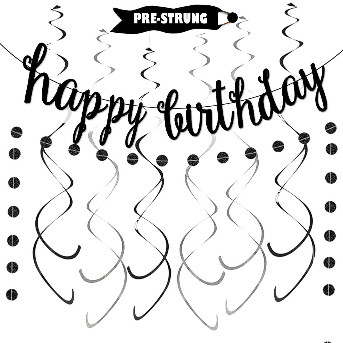 Black Happy Birthday Banner Decoration Kit, Glittery Banner Circle Dots Garland with Black Silver Hanging Swirls for Birthday Baby Shower Party Decorations Supplies, Pre-Strung