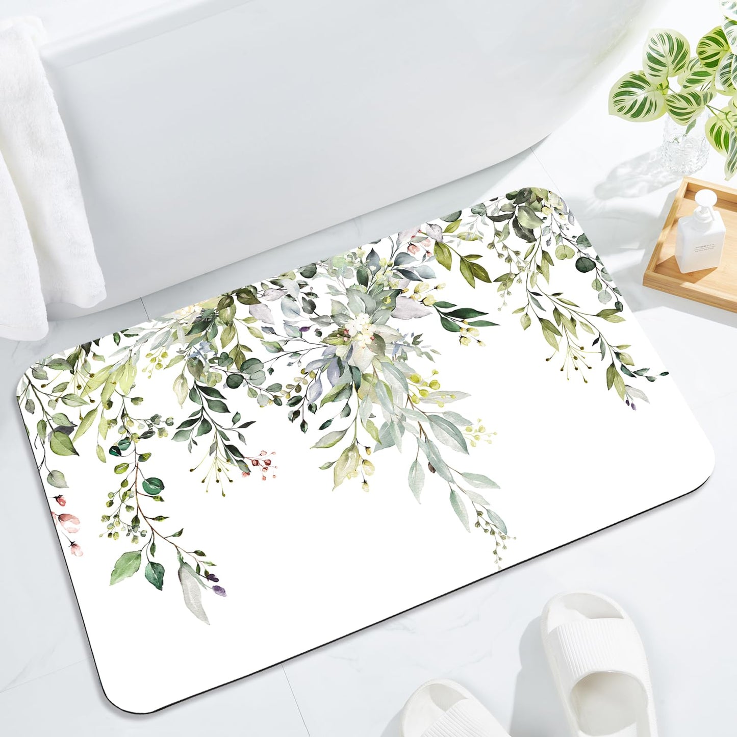 Gibelle Eucalyptus Leaves Bath Mat Rug Super Absorbent Quick Dry Thin Bathroom Rugs Fit Under Door Non Slip Rubber Backed Bathroom Floor Mat for in Front of Bathtub Sink Shower (17"x24", Sage Green)
