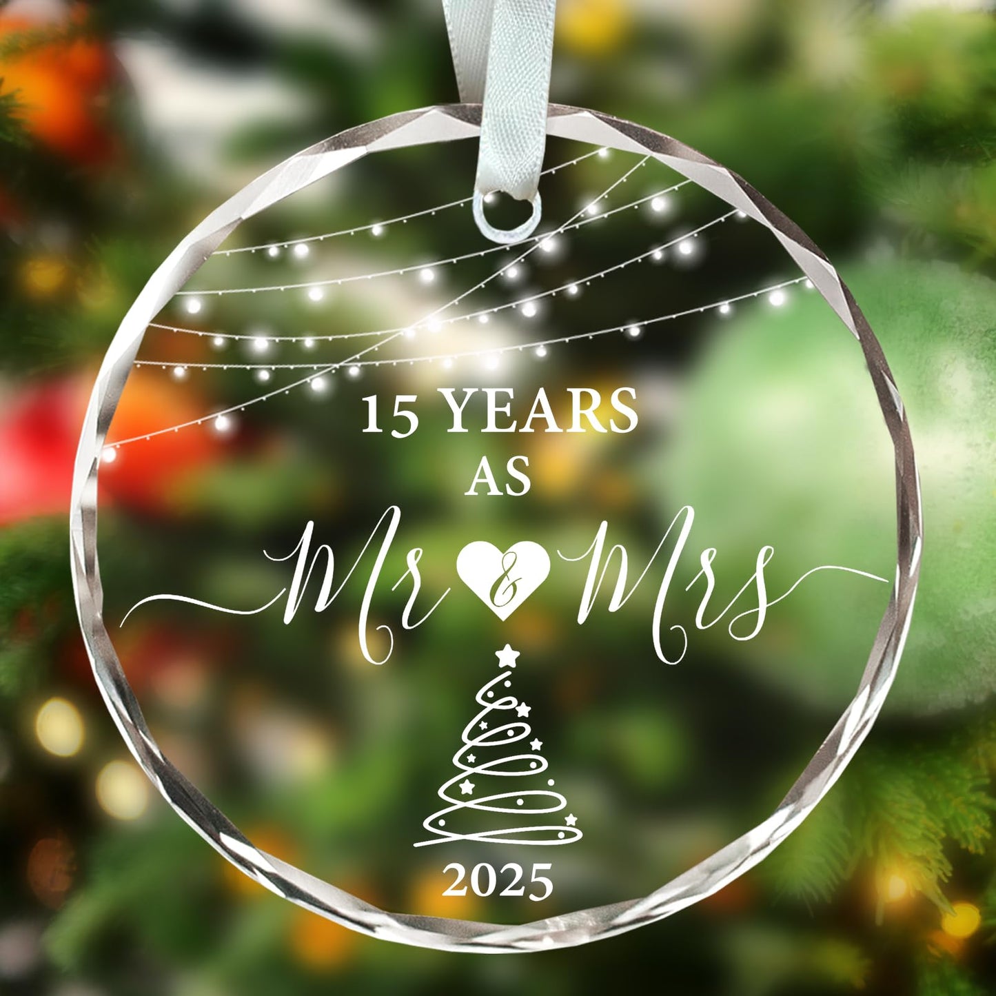 15 Year Anniversary Ornament 2025, 15th Anniversary Wedding Gifts for Couple, 3" Glass Keepsake Valentines Gifts for 15 Year Wedding Christmas Ornaments 2025