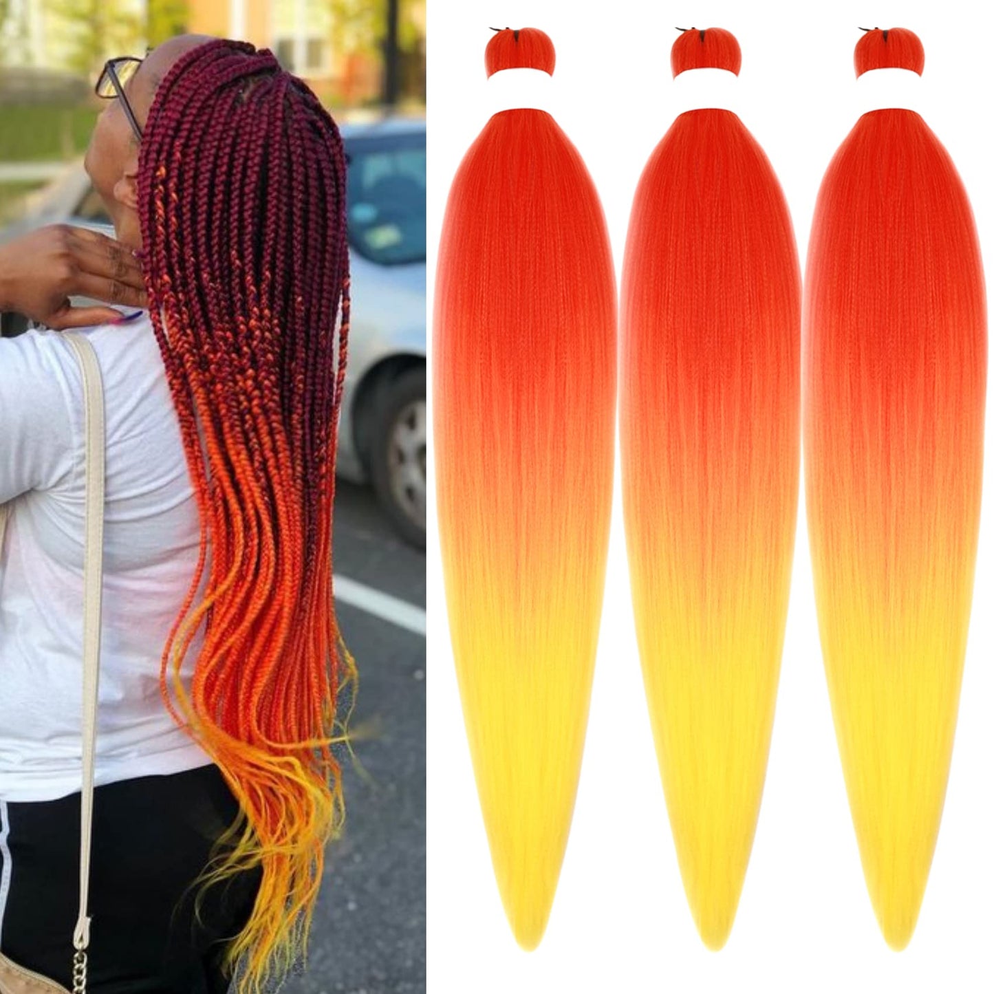 Gozill Red Orange Yellow Ombre Braiding Hair Pre Stretched Prestretched Hypoallergenic Braiding Hair Ez Braid Knotelss Braids Sy