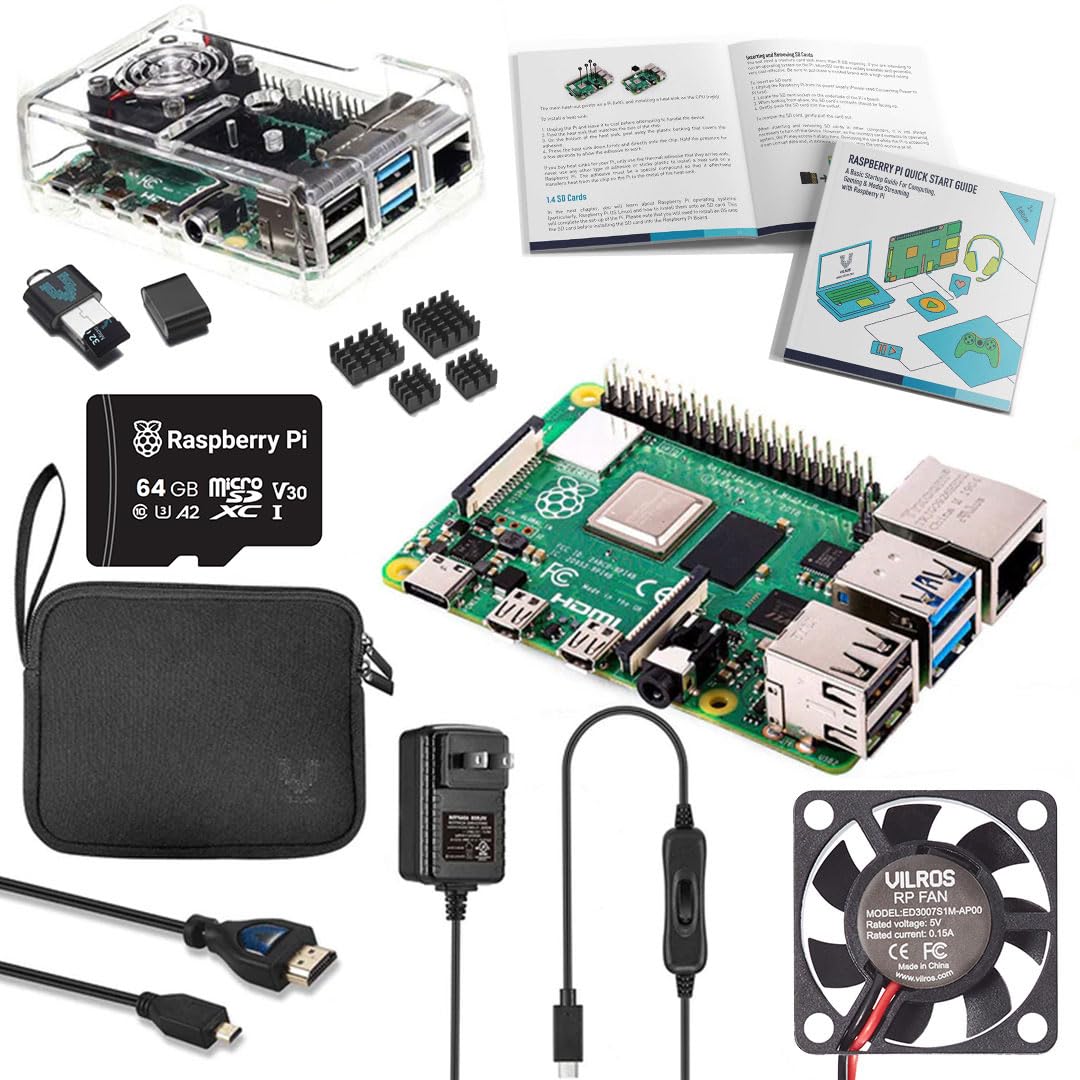 Vilros Raspberry Pi 4 Complete Starter Kit- Includes Raspberry Pi 4 Board, Fan Cooled Case, 64GB Preloaded Micro SD Card and More (4GB, Clear Transparent Case)