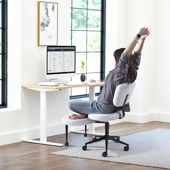 VITESSE Cross-Legged Ergonomic Chair 360° Swivel with Wheels, Adjustable Meditation Seat for ADHD, Lumbar Support, Teddy Fabric Home Office Chair,Off White