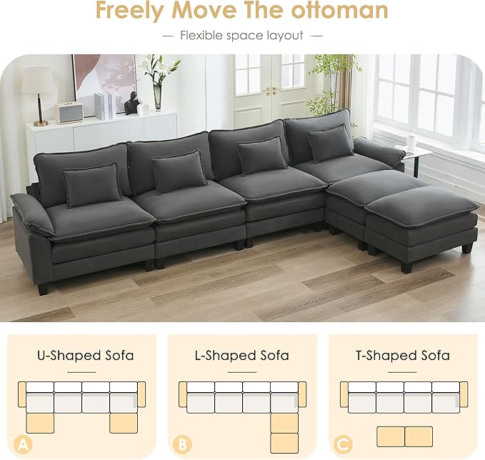 URRED Cloud Couch Modular Sectional Sofa, 157" Modern U Shaped Deep Seat Sofa with 2 Ottomans & Pillows, Ultra Comfy VelvetCouches for Living Room, Bedroom or Apartment, Dark Gray