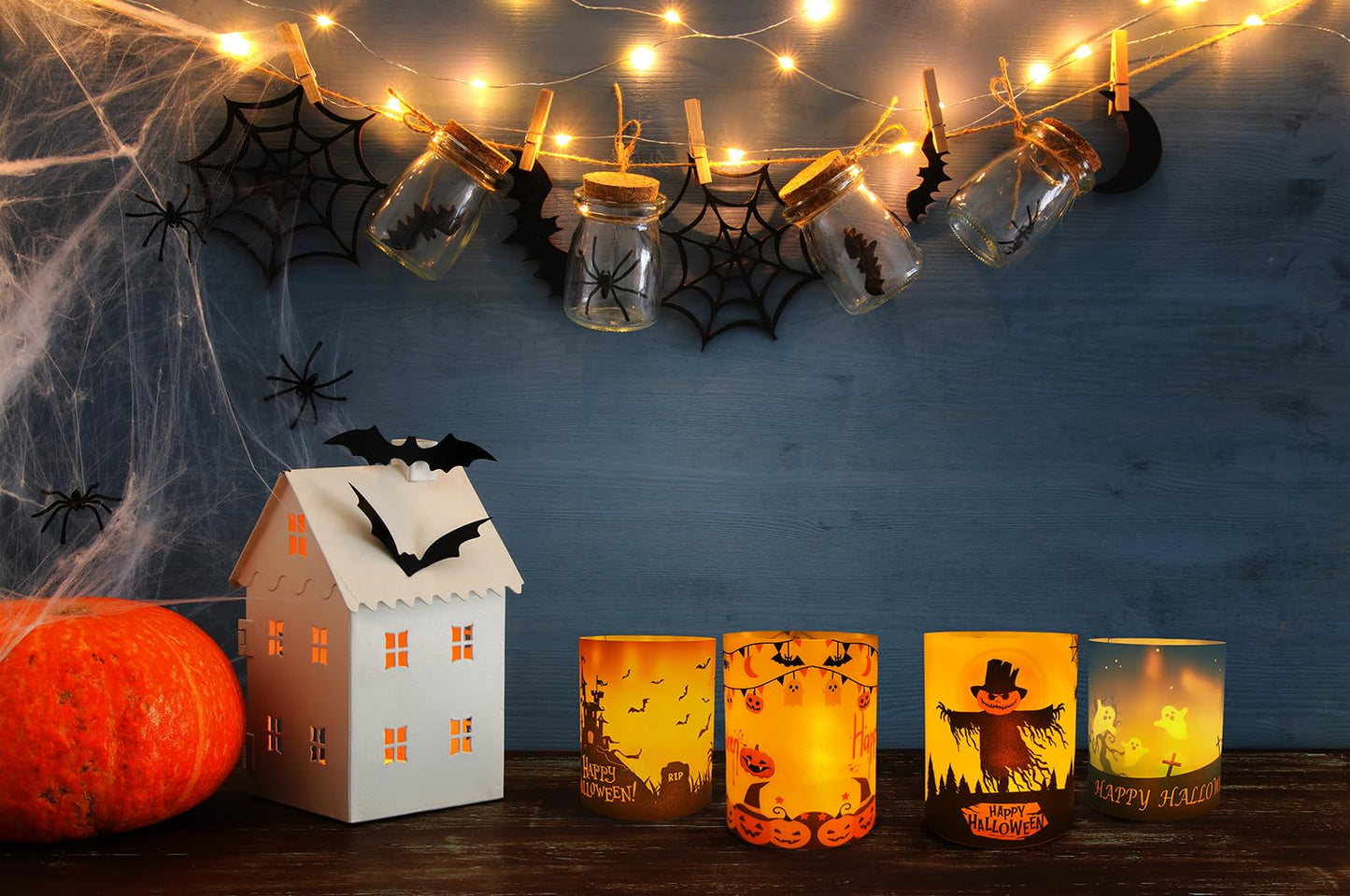 Happy Halloween Table Decor, 8 Sets Halloween Table Centerpiece Decorations, Tea Lights Votive Candles Holders for Tabletop, Candle Sleeve Shade Cover for Home, Room, Indoor, Office Use