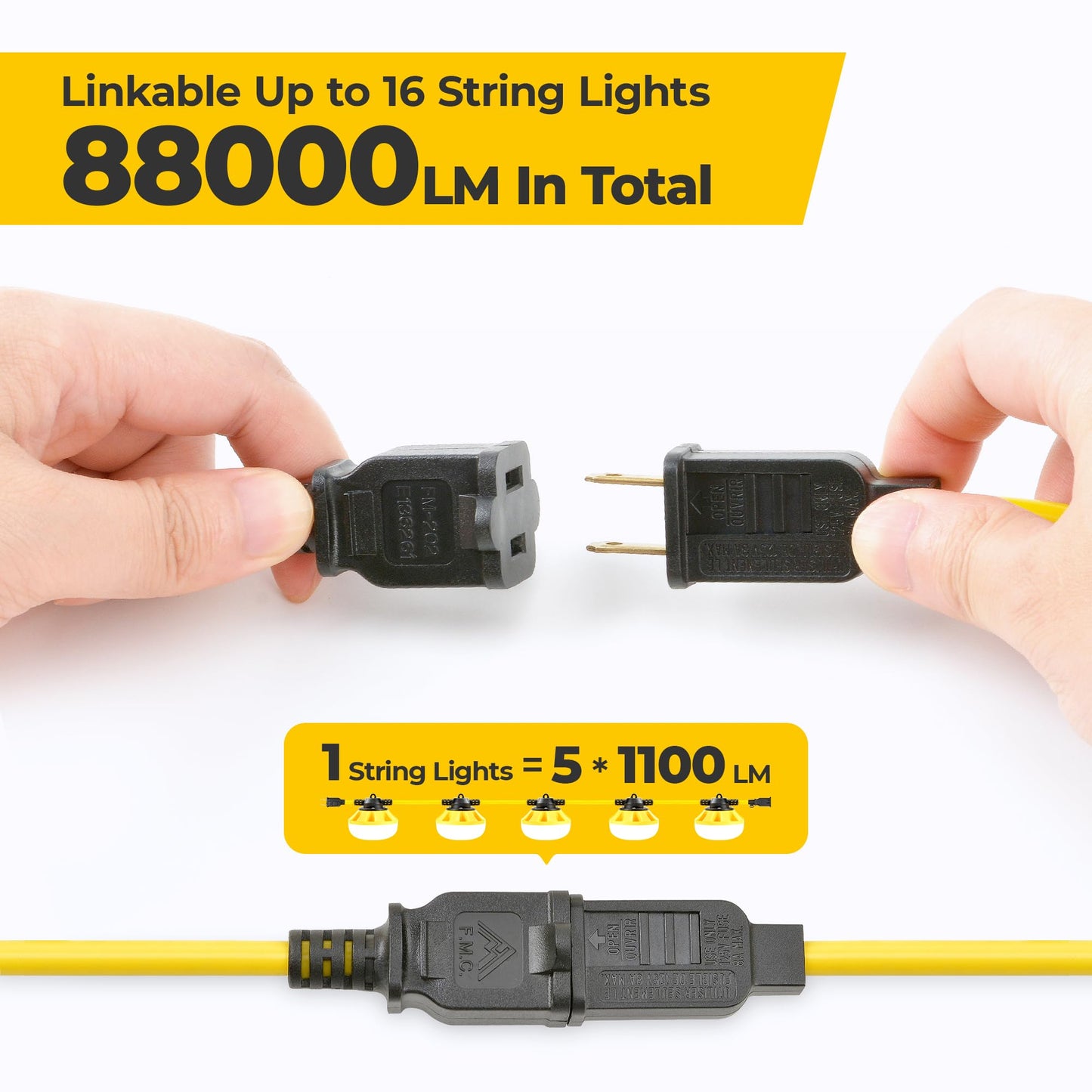 HYANGLUX 50FT Construction String Lights: 50w 5500lm ETL Certified Bright Industrial Outdoor Temporary Lighting Led Hanging IP65 Waterproof 18AWG Wire Work Light for Attic Jobsite Garage